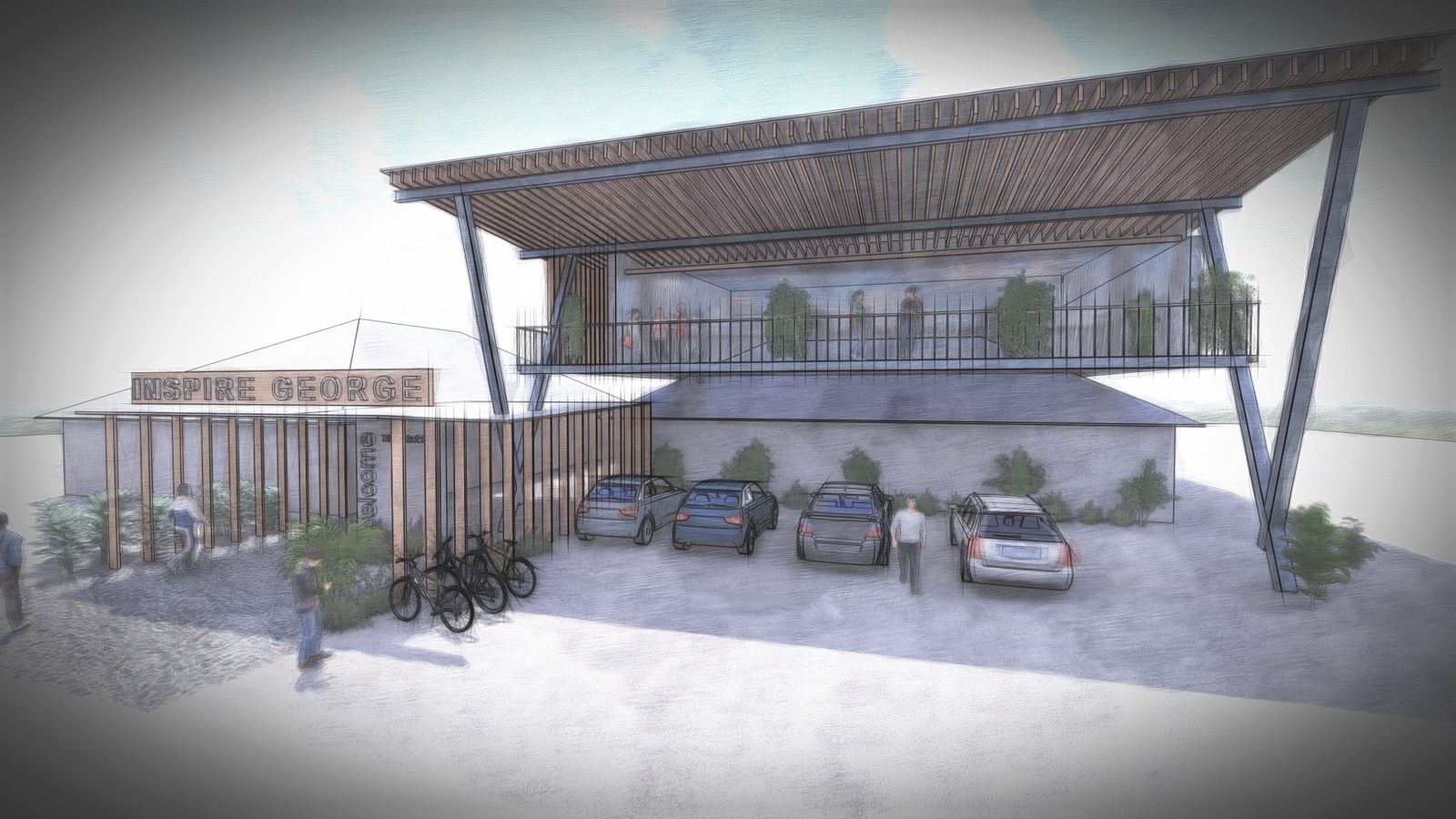 Render of a community building with a large sloping roof