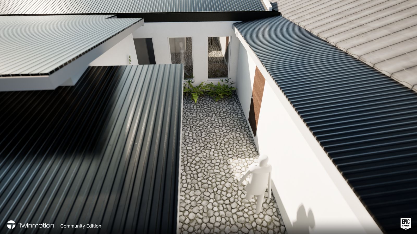 Render of a courtyard house with dark roofs