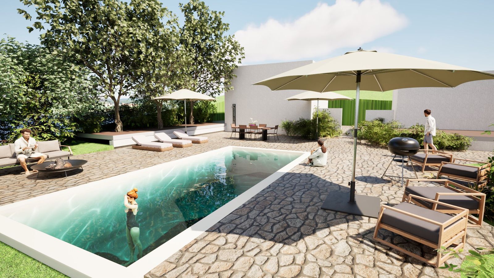 Render of a rectangular pool with stone paving and umbrellas