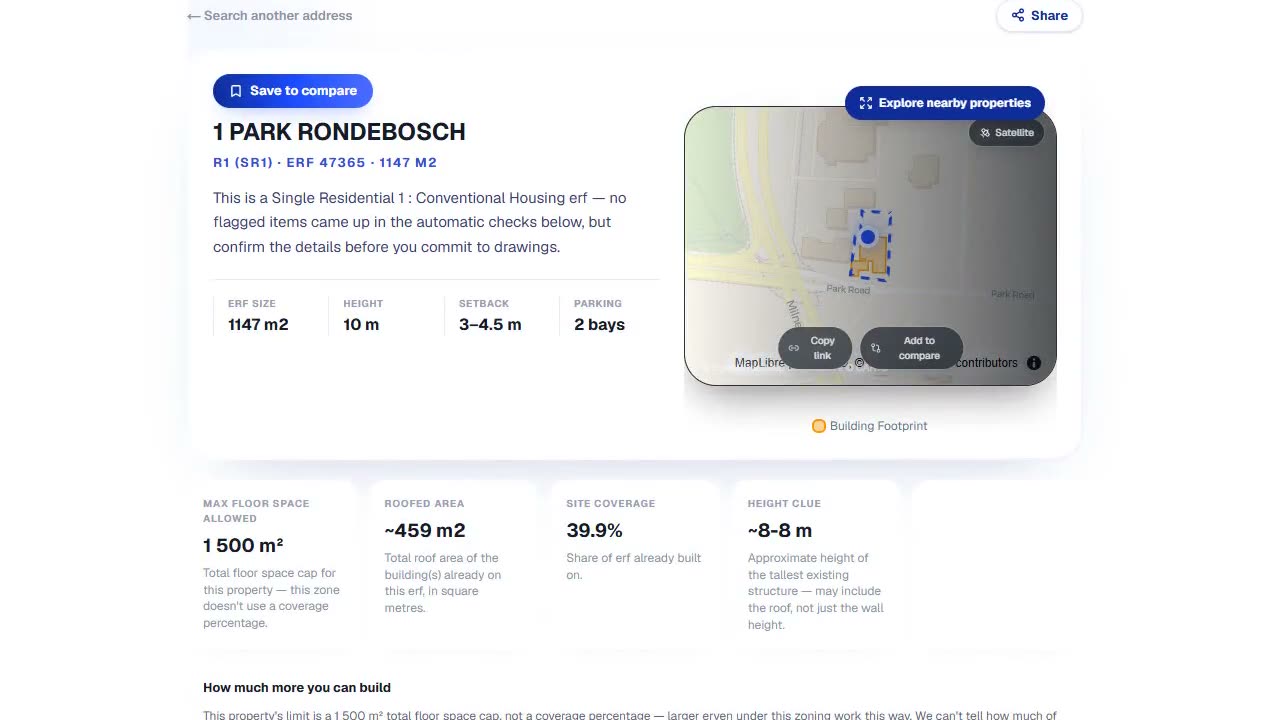 Zonely result for 1 Park Road showing the zoning, erf size, setback and property map